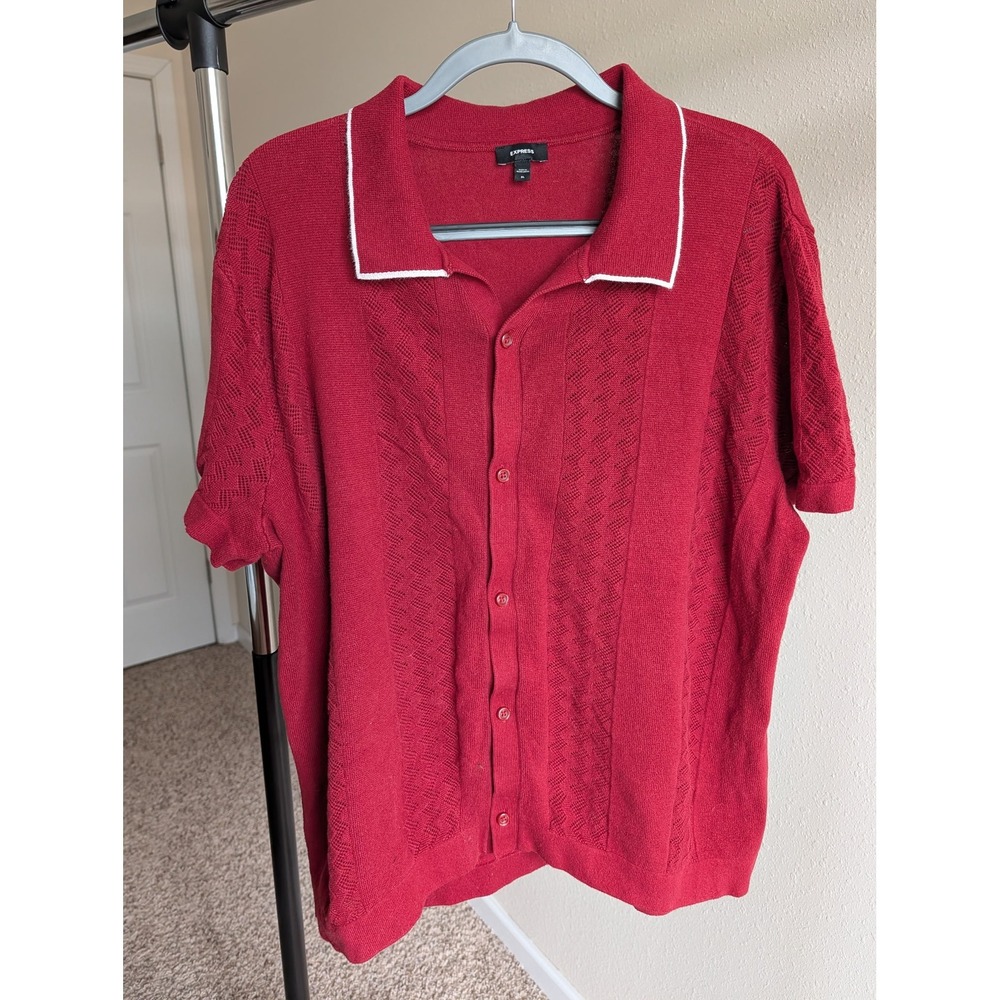 Express Mens XL Burgundy Red Knit Button Front Polo Shirt Chevron Pointelle
